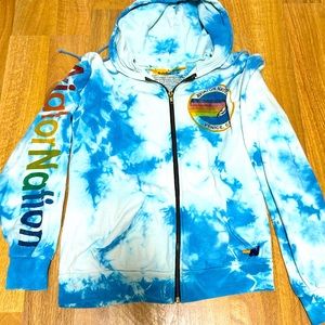 Aviator nation made for blue&cream worn in blue tie-dye sweatshirt